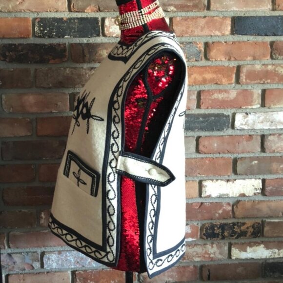 Vintage European Ethnic FOLK ART Wool Vest Tunic W/ Black Trim & Detail M - Picture 2 of 4